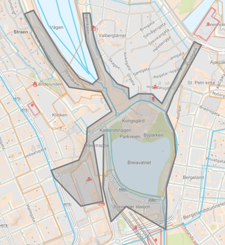 Kartet viser en sone rundt sentrum med 6 km fartsgrense.