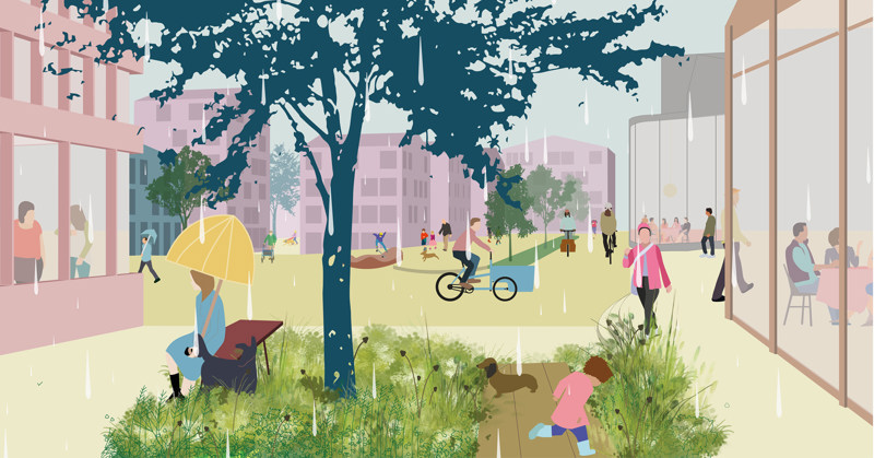 Gartnerveien sett mot Hillevåg torg. Illustrasjon: Lala Tøyen og Vill Energi