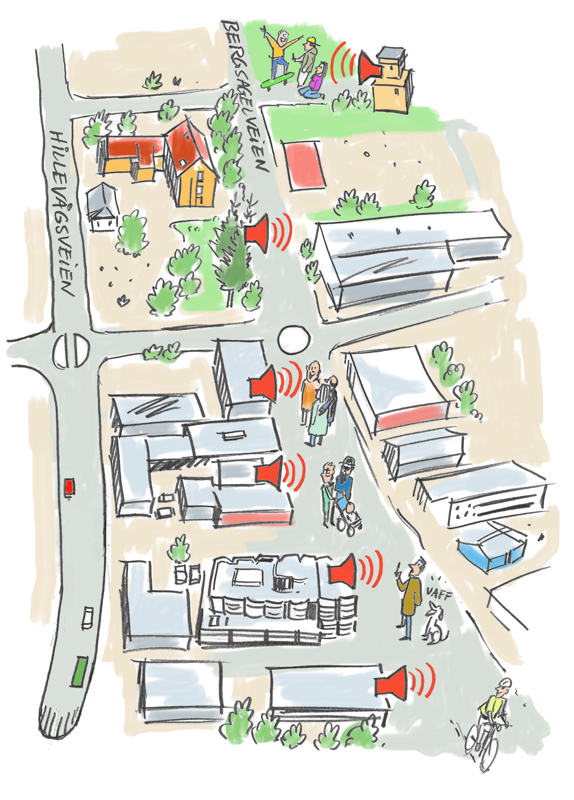 Tegnet kart med de seks stoppestedene: to i Kvalabergparken og fire nedover veien/Sjøhagen. 