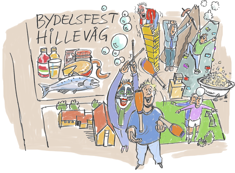 Tegneserie-aktig tegning av gøye ting som skjer på Kvalaberg