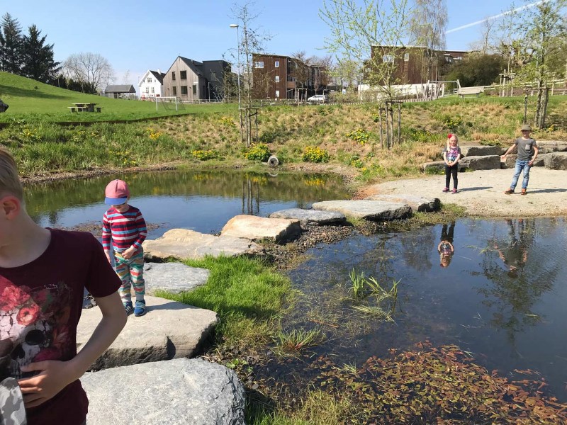 Dammen i Emmaus tar seg av overvannet og samler insekter, fugler og barn i alle aldre.