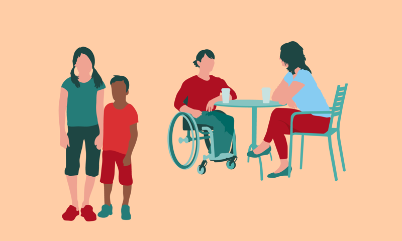 Illustrasjon mennesker ved kafebord og to barn