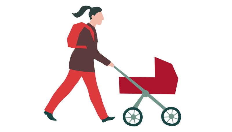 Kvinne med barnevogn. Ill.: Berit Sømme
