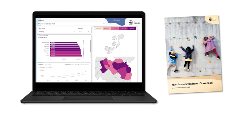 Bilde av en bærbar PC med grafer og kart, og et hefte. Levekårsundersøkelsen utgis både i digitalt format der man kan klikke seg inn på ulike bydeler og levekårsoner, og i hefteformat.