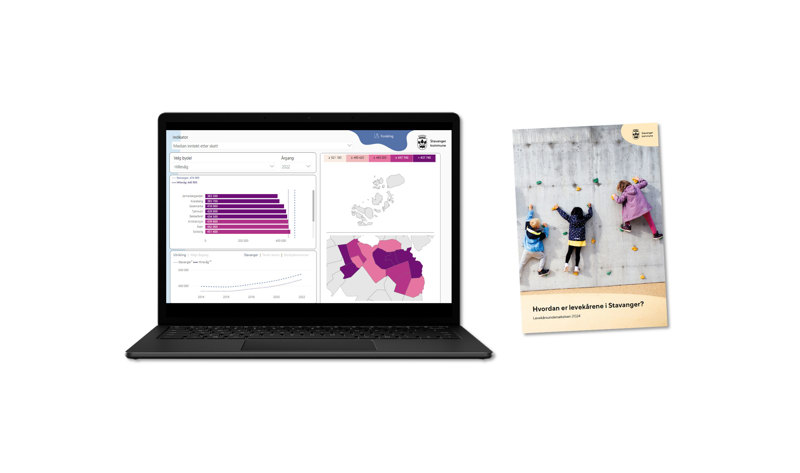 Bilde av en bærbar PC med grafer og kart, og et hefte. Levekårsundersøkelsen utgis både i digitalt format der man kan klikke seg inn på ulike bydeler og levekårsoner, og i hefteformat.
