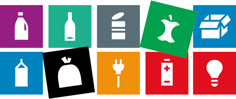 Flere piktogrammer for ulike sorter sortert avfall