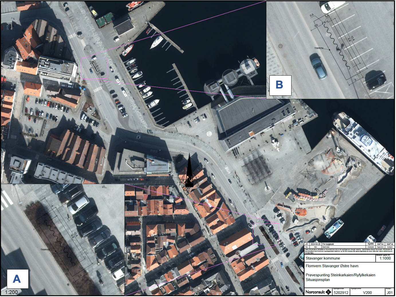 Flyfoto som viser hvor vi skal utføre arbeidet med prøvespunt. Vi vil først prøve i området ved parkeringsplassen foran Geoparken. Dersom det viser seg at arbeidet ikke er gjennomførbart her, vil vi vurdere et område ved parkeringsplassen vis-à-vis DSD-bygget.