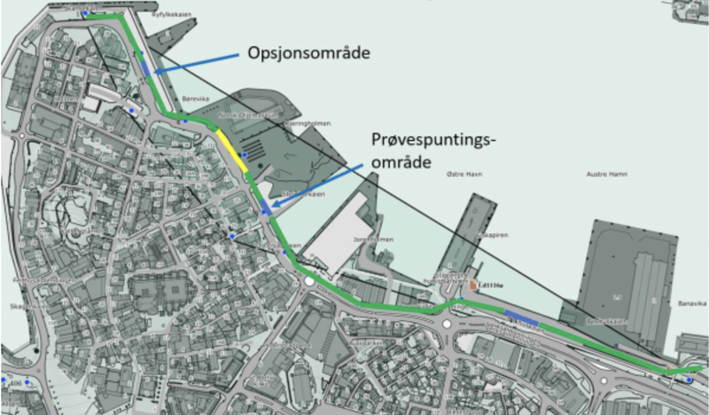 Kart over østre havn, der det er avmerket hvor flomvernet anbefales. 