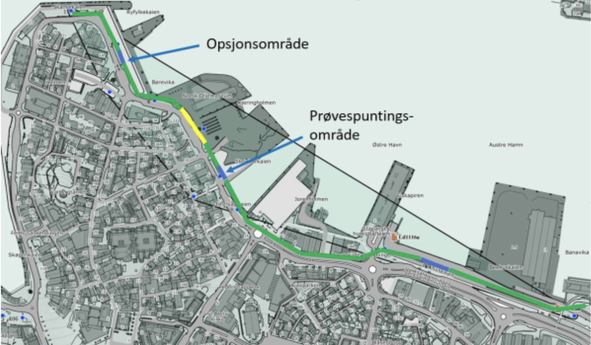 Kart over østre havn, der det er avmerket hvor flomvernet anbefales.