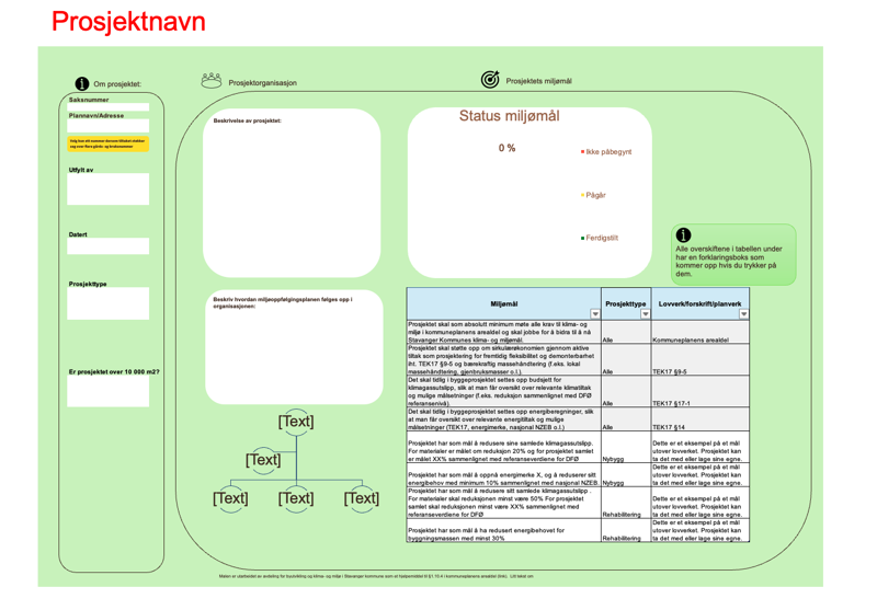 Skjermbilde av fane nr. 1 i Excel-arket, som skal inneholde en overordna beskrivelse av prosjektet. 