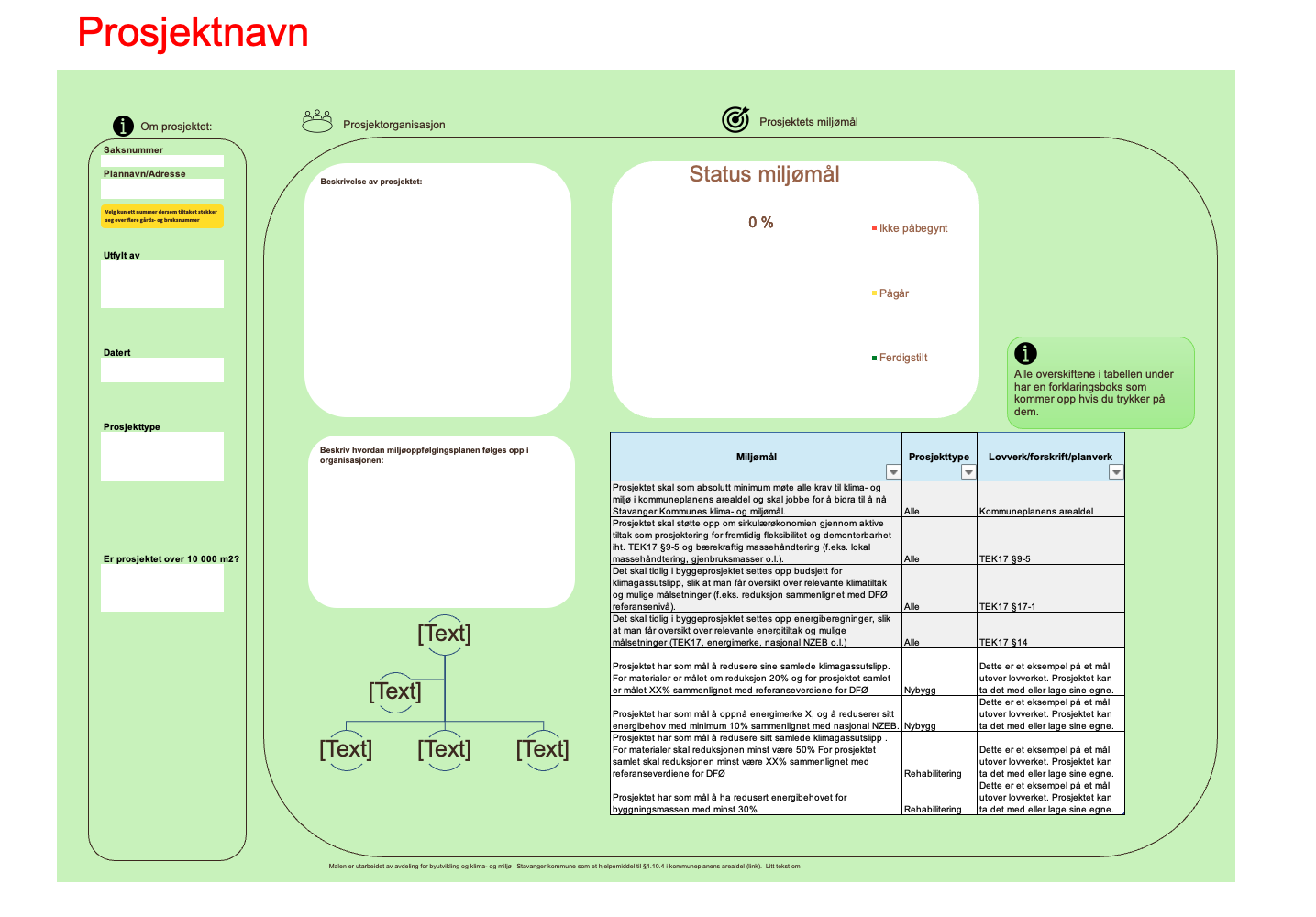 Skjermbilde av fane nr. 1 i Excel-arket, som skal inneholde en overordna beskrivelse av prosjektet.