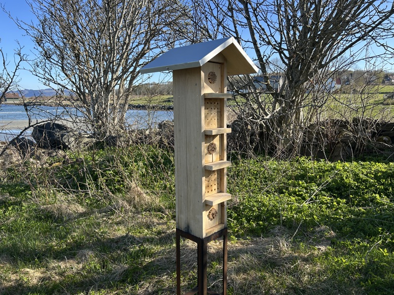Insekthotell i tre på metallstativ, plassert i gress ved strandkanten med trær, steingard og sjø i bakgrunnen.