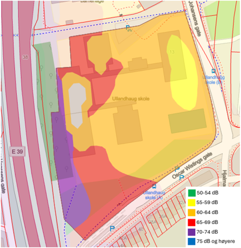 kart med støysoner for Ullandhaug skole