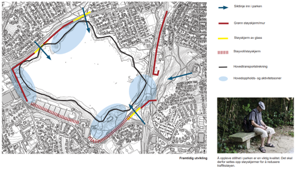 Kart over Mosvannsparken med foreslåtte støytiltak