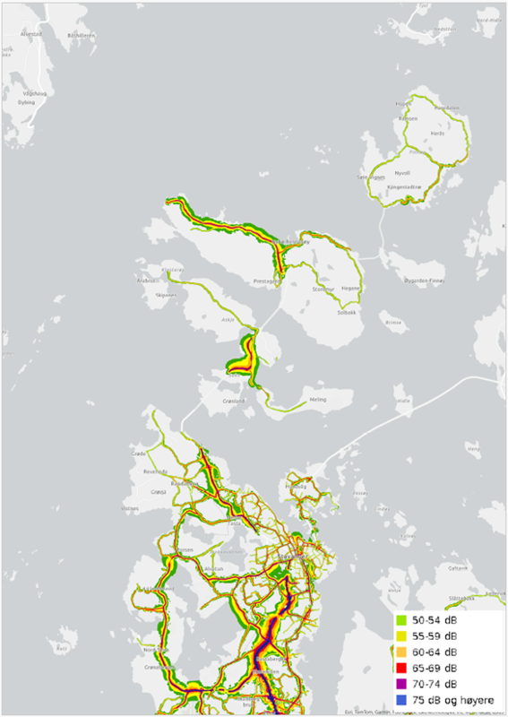 kart over kommunen med støysoner fra veitrafikk fra støykartleggingen i 2022