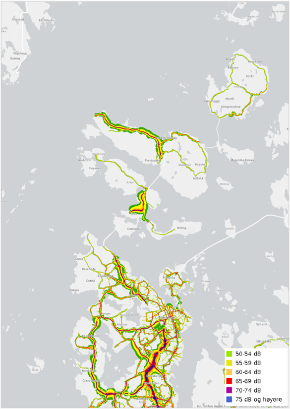 kart over kommunen med støysoner fra veitrafikk fra støykartleggingen i 2022
