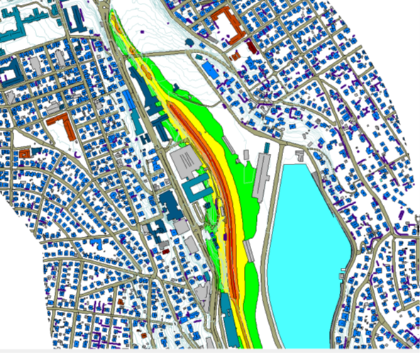 Kartutsnitt fra Paradis med støysoner hvor støykilden er jernbane