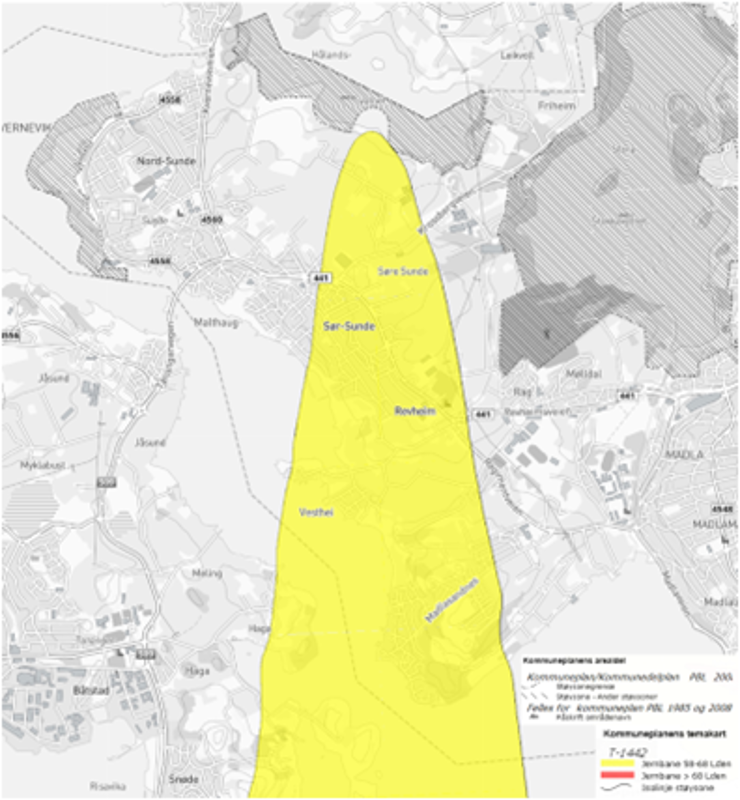 Kart med oversikt over støysoner. Gul støysoner er markert med gul farge. Rødsone ligger utenfor Stavanger kommune og vises derfor ikke i figuren.