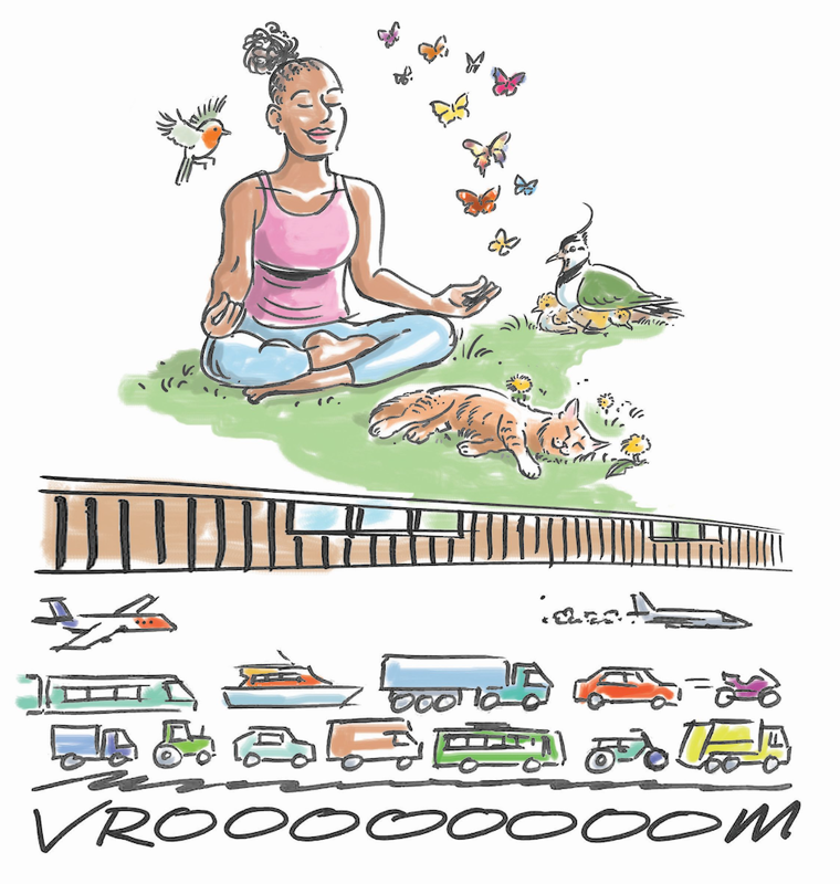 Tegning av dame som slapper av på blomstereng bak et gjerde/støymur, mens trafikken pågår på andre siden. Ill.: Egil Bjørøen