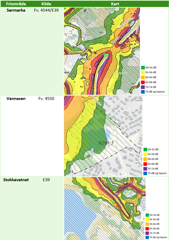 Tabell med oversikt over stille områder i friområder, med støysoner