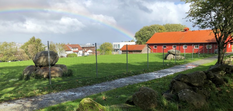 Viser et bilde av fjøset, beitet og en regnbue over himmelen