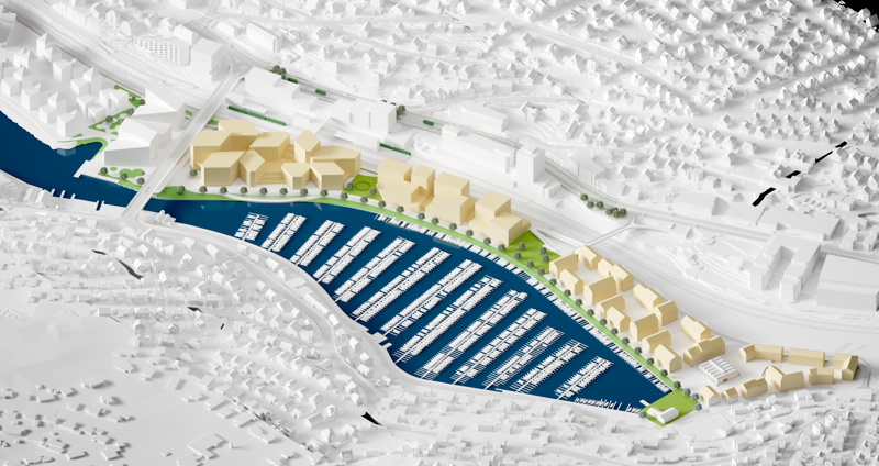 Arkitekt-illustrasjon av bebyggelse langs Hillevågsvatnet. 
