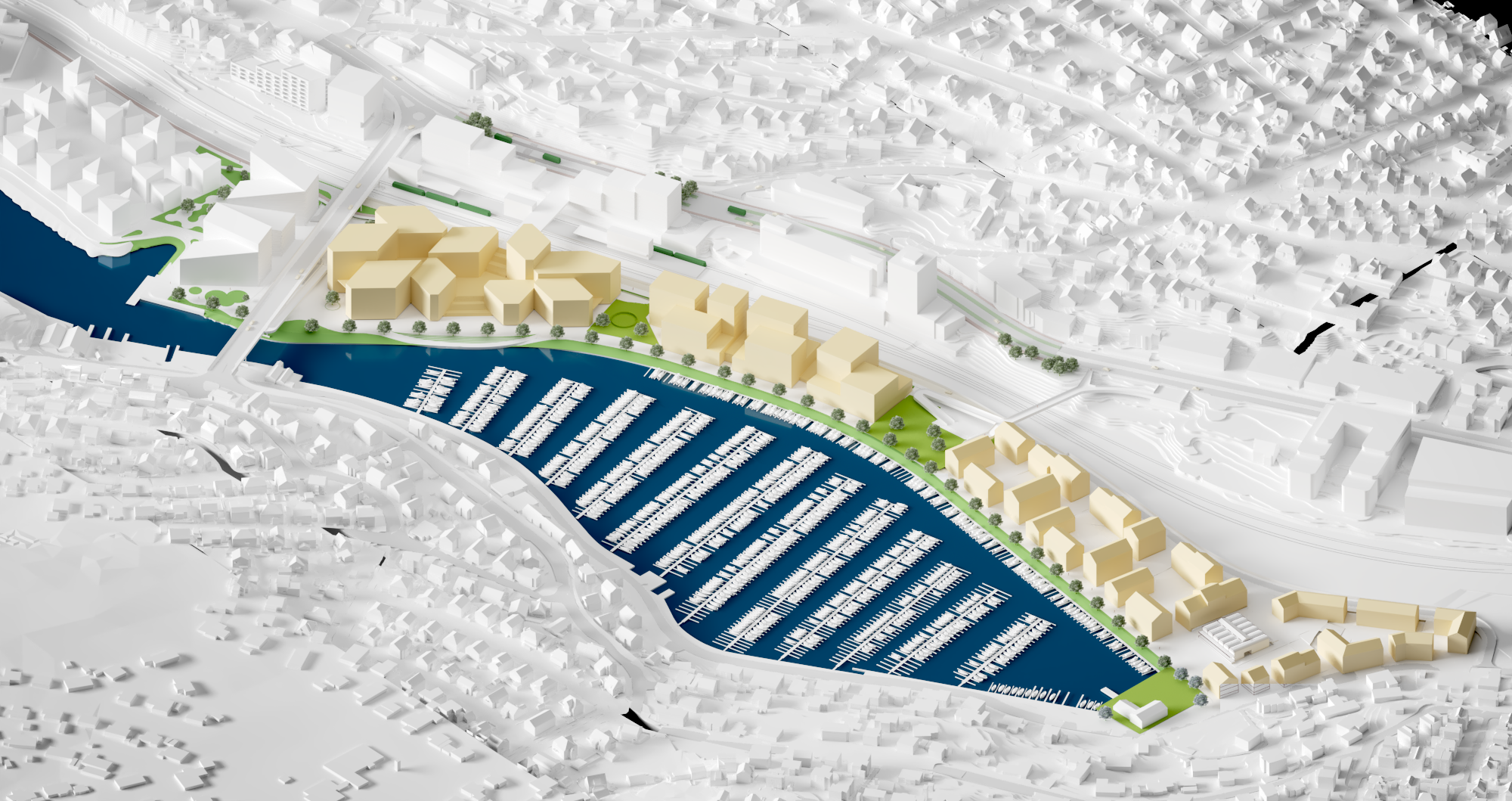 Arkitekt-illustrasjon av bebyggelse langs Hillevågsvatnet.