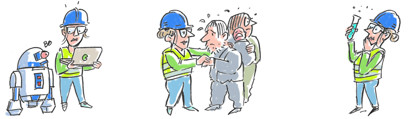 Fem tegninger av ulike beredskapssituasjoner: Datatrussel, mottak av flyktninger, vannkvalitet