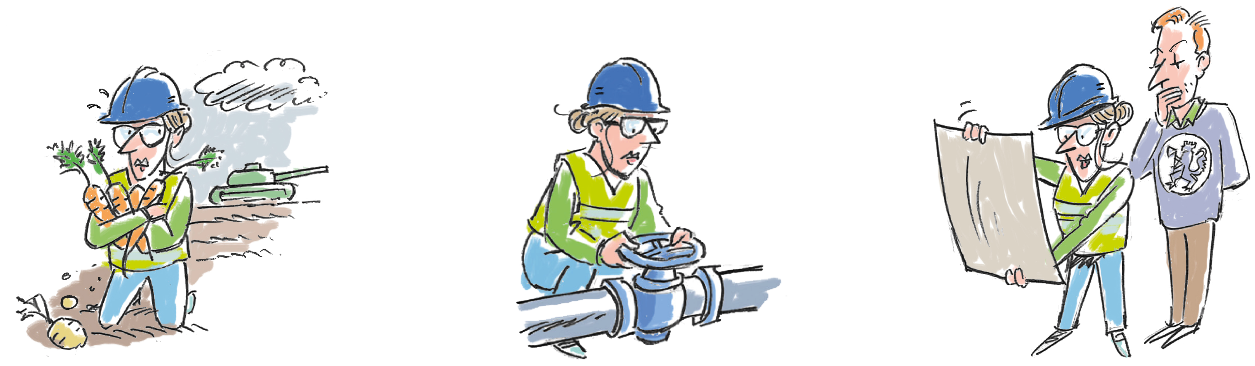 Fem tegninger av ulike beredskapssituasjoner: Mathamstring, skrur på rør, plan som overvåkes av overordna myndighet.