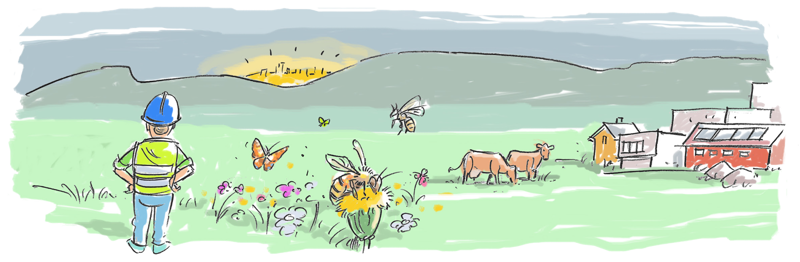 Illustrasjon av en mann som speider utover et landskap.