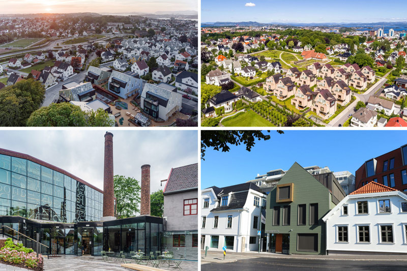 Bilder av et utvalg prosjekter som har vært nominert til Byggeskikkprisen: Vålandstun, Holmegenes, IDDIS og Kongsgata