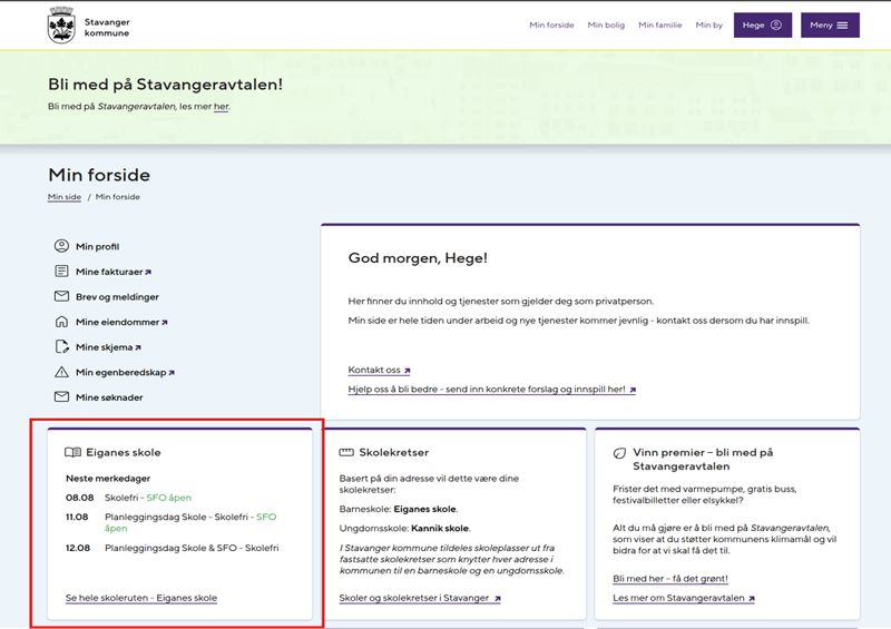 Skjermbilde av Min side i Stavanger kommune