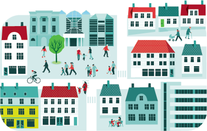 Illustrasjon av Sølvberget og sentrumsmiljø. Ill.: Berit Sømme