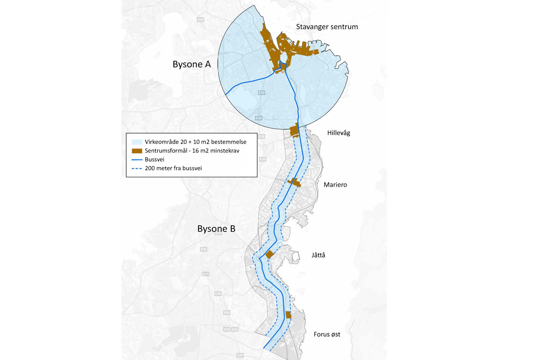 Kart som viser bysone A (nærmest sentrum) og de delene av bysone B som ligger innenfor 200 m fra bussveien, med unntak av områder med eneboligbebyggelse på Boganes, Gausel, Vaulen og Hinna.