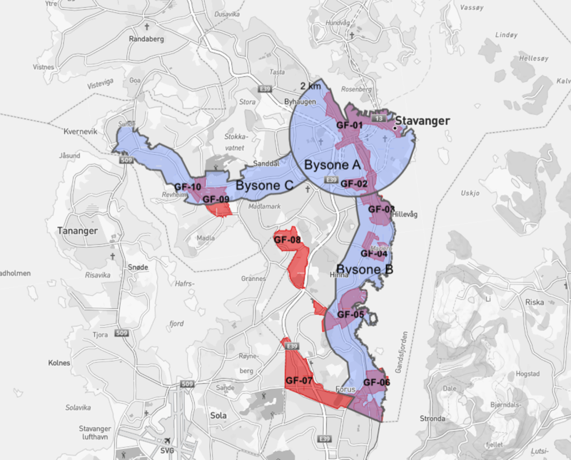 Kart over sentrale strøk i Stavanger, der vi ser viser bysone A (sentrum), B (bybåndet) og C (vestaksen mot Madla og Revheim). Kartet viser også såkalte gjennomføringsområder, som er kommunens strategiske utbyggingsområder i byområdet. Områdene har kapasitet, egnethet og gjennomførbarhet for byutvikling med høy utnyttelse.