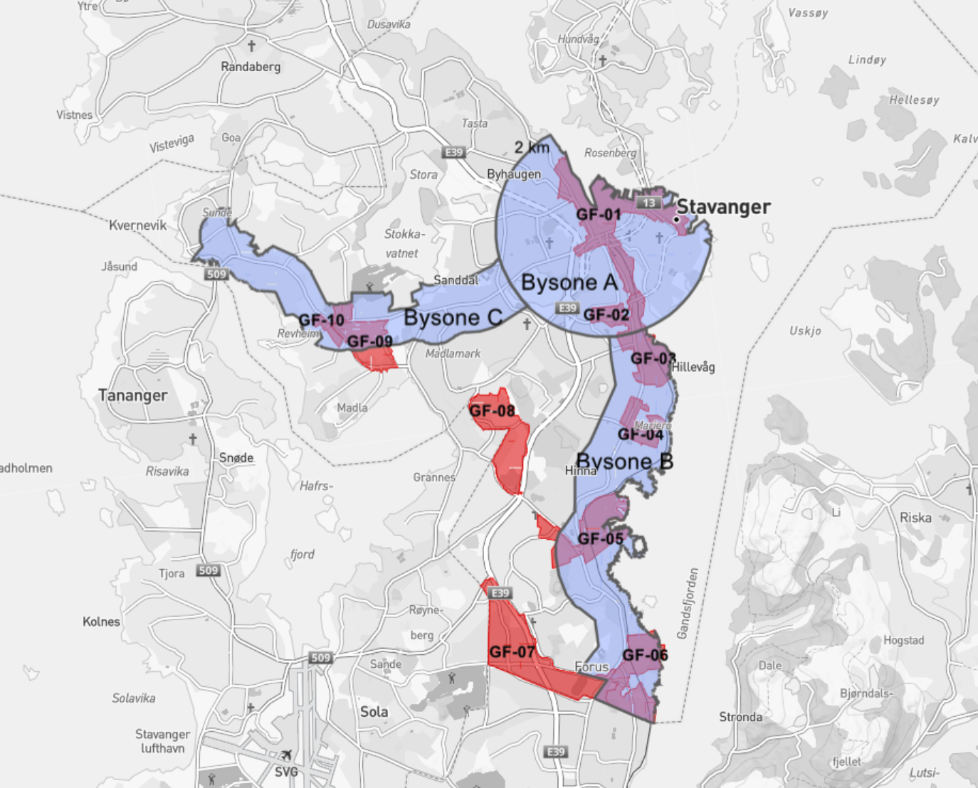 Kart over sentrale strøk i Stavanger, der vi ser viser bysone A (sentrum), B (bybåndet) og C (vestaksen mot Madla og Revheim). Kartet viser også såkalte gjennomføringsområder, som er kommunens strategiske utbyggingsområder i byområdet. Områdene har kapasitet, egnethet og gjennomførbarhet for byutvikling med høy utnyttelse.