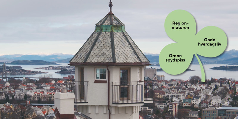 Vålandspibå-utsiktsbilde og trekløveret: Regionmotor, grønn spydspiss og gode hverdagsliv.