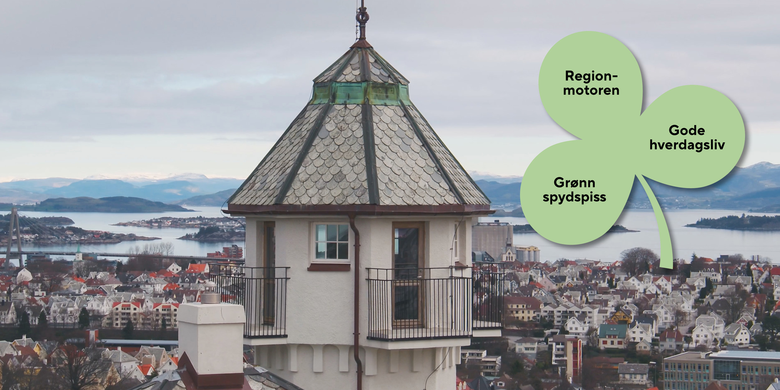 Vålandspibå-utsiktsbilde og trekløveret: Regionmotor, grønn spydspiss og gode hverdagsliv.