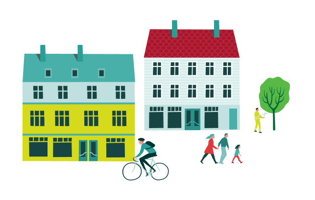 Illustrasjon av byliv med syklende og gående