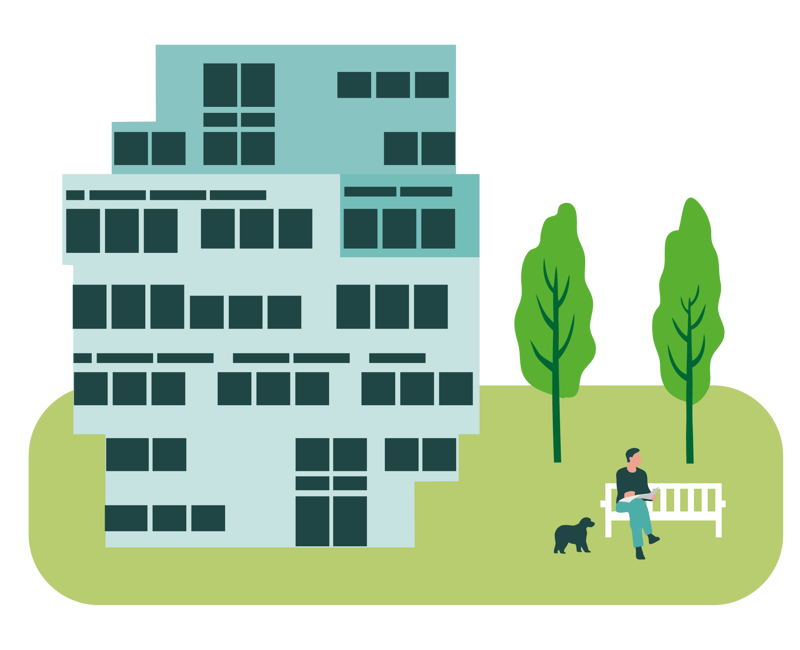 Illustrasjon av boligblokk med hage
