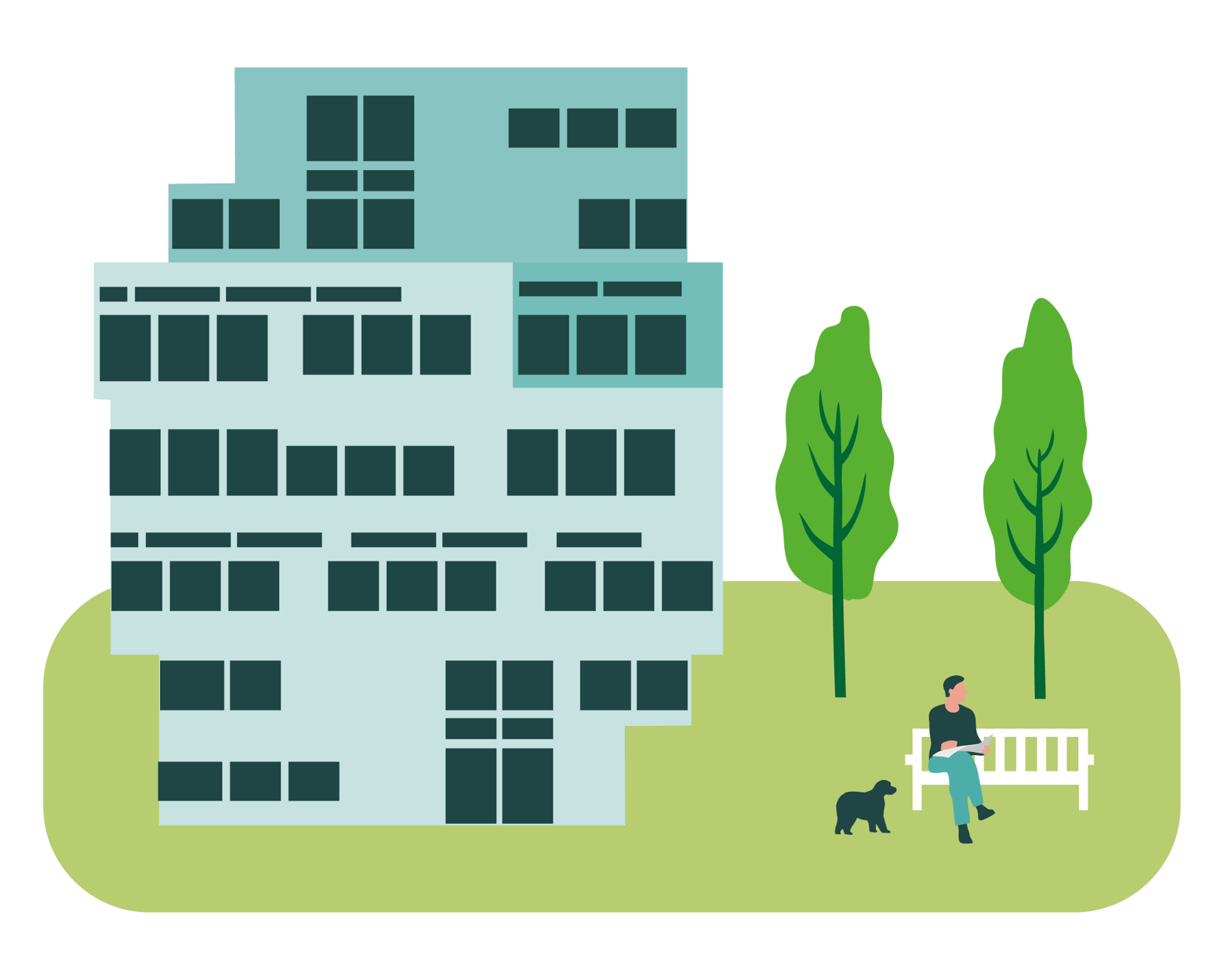 Illustrasjon av boligblokk med hage