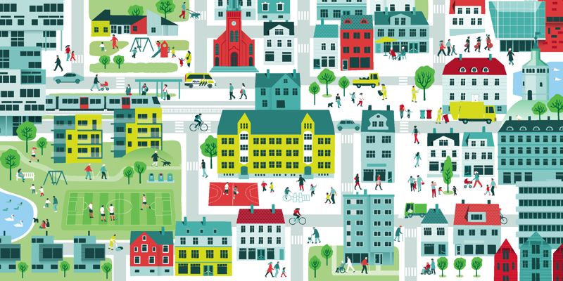 By-illustrasjon av Berit Sømme