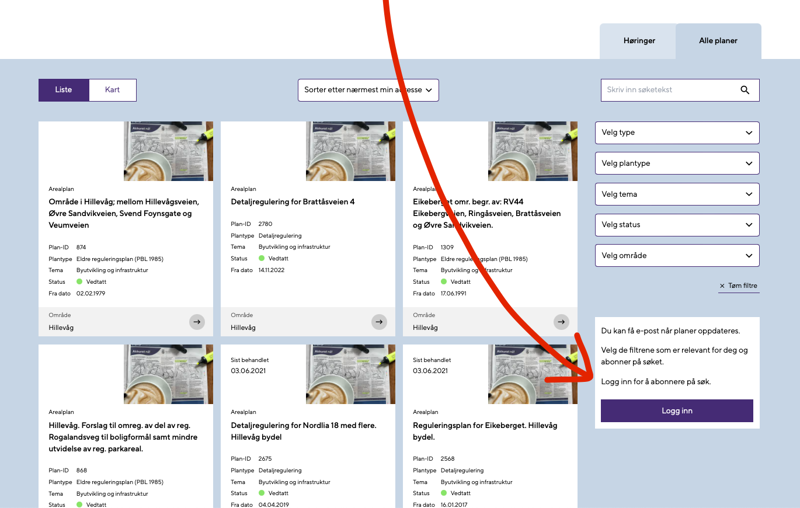 Skjermbilde fra stavangerplaner.no der man kan søke på planer, og deretter trykke på "Logg inn" og opprette abonnement på nye søkeresultater