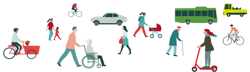 Illustrasjon av ulike mennesker som går, sykler, sparkesykler, busser og biler.