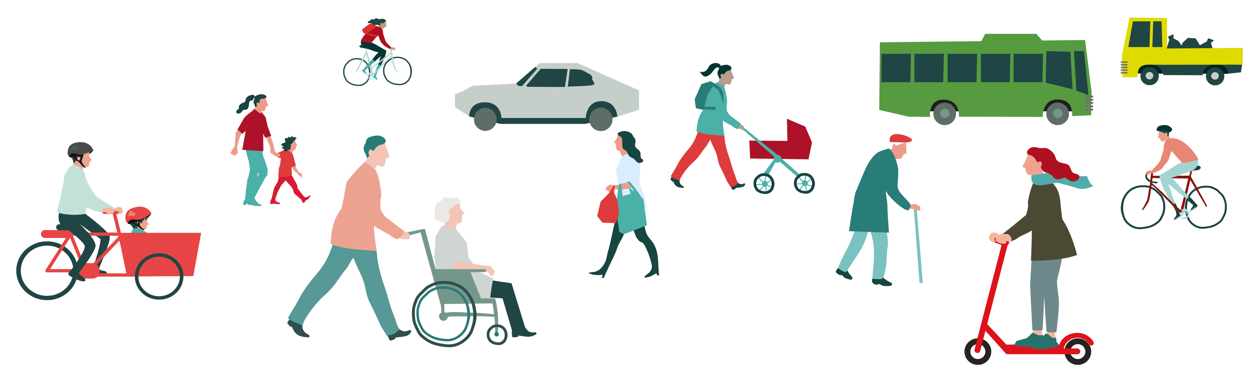 Illustrasjon av ulike mennesker som går, sykler, sparkesykler, busser og biler.