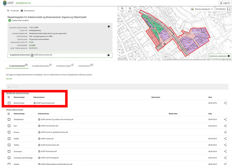 Skjermbilde fra arealplaner.no som viser at bestemmelsene ligger øverst i listen over dokumenter som tilhører planen. 