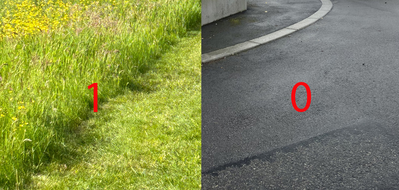 Bilde av gress med tallet 1. Bilde av asfalt med tallet 0
