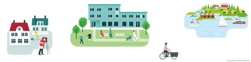 Illustrasjoner av hus og oppmåling av eiendom, syklist, et sykehjemsbygg og et hytteområde ved sjøen