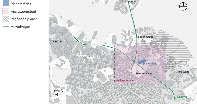 Oversiktskart som viser planområdet og bydelen rundt.