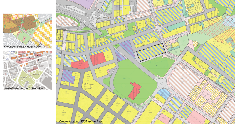 Kart som viser gjeldende planer i området, både arealplaner og f.eks. temaplan for hermetikkfabrikker